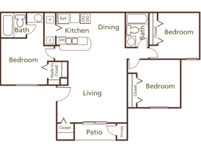Floor plan for 3 beds, 2 baths, 1115 sqft